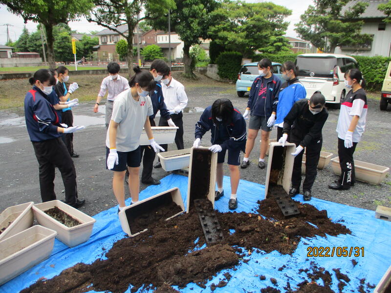 土を作るところから行いました。プランターに入っている土を一度出して新たに培養土を加えます。重労働です！